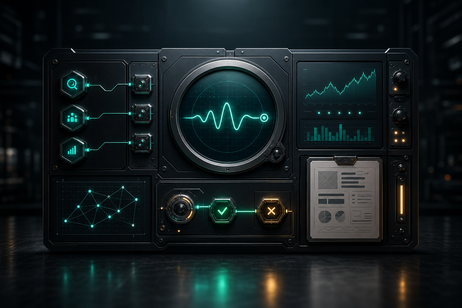 Instrument-panel validation system with signal wave, evidence nodes, and decision controls.