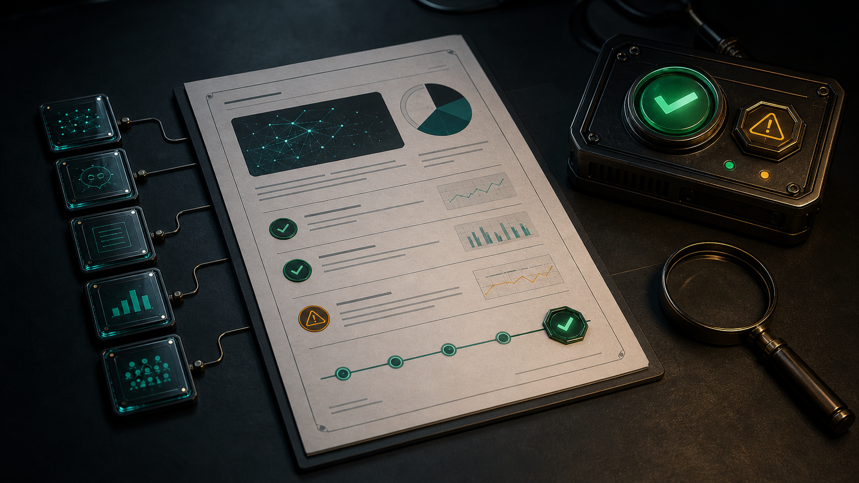 Validation report artifacts with confidence markers and a decision control.